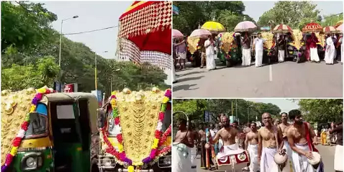 നെറ്റിപ്പട്ടം കെട്ടിയ അഞ്ച് ഓട്ടോറിക്ഷകൾ, പഞ്ചവാദ്യത്തിൻ്റെ അകമ്പടി; നിയന്ത്രണങ്ങൾക്കെതിരെ പാലക്കാട് പ്രതിഷേധ പൂരം